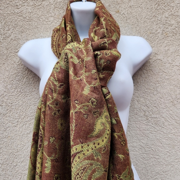 pashmina Accessories - PASHMINA Scarf Paisley Green Tan Silk Fringe Shawl Wrap 26 x 70